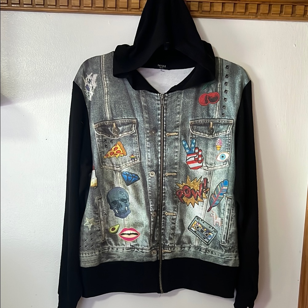 Terez Black Zip Up Hoodie Jacket with Graphic 80’s- 90’s Design. Size Medium - Picture 2 of 8